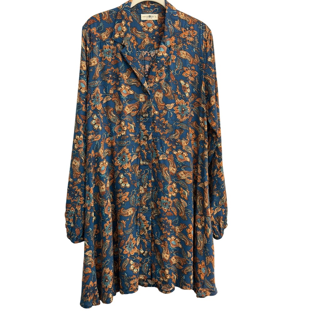 Natural Life Ansley Woven Tunic Shirt Dress Blue Paisley Floral Rayon Large